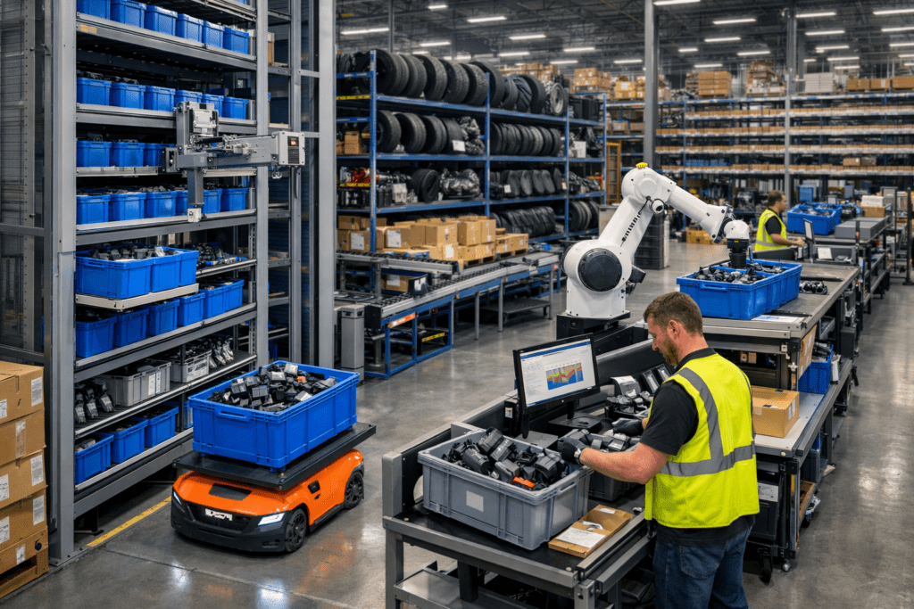 Warehouse automation system retrieving automotive parts using robotics and goods-to-person technology