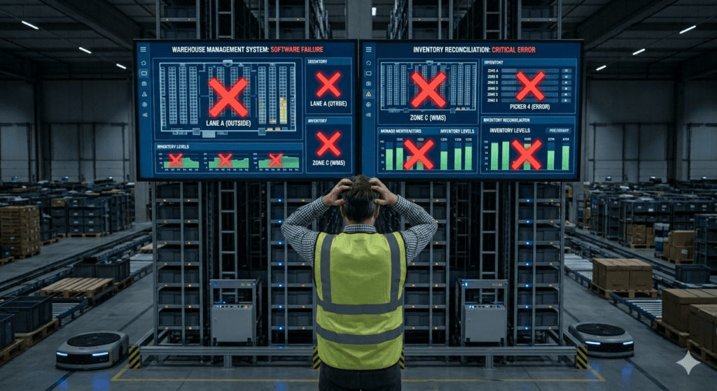 View of automated warehouse monitoring screens displaying multiple red X's and critical software errors, indicating a system failure.