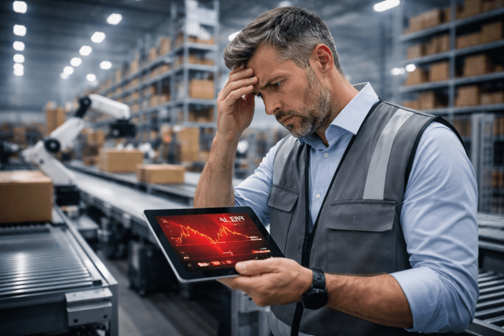 Stressed operations manager looking at failing metrics on a tablet in an automated warehouse