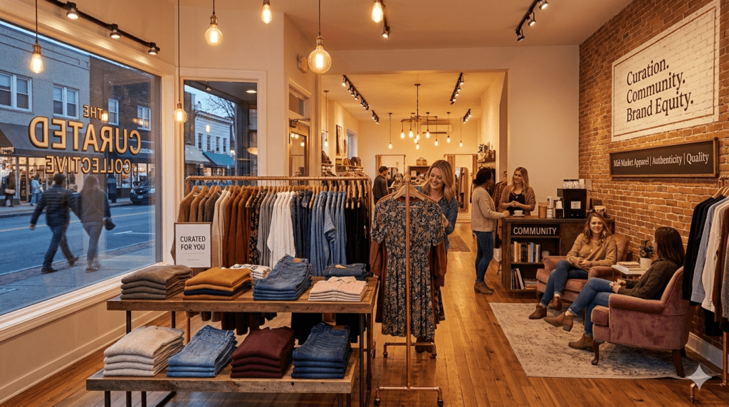 Mid-market apparel retail store with curated clothing displays and warm boutique lighting